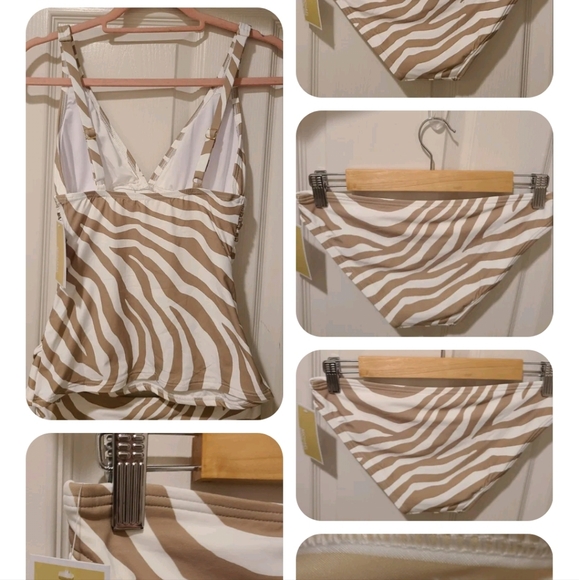 2 PC MICHAEL KORS MK WHITE TAN ZEBRA ANIMAL PRINT LOGO TANKINI BIKINI NWT - Picture 3 of 15